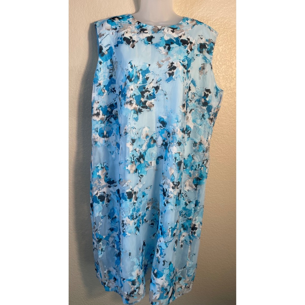 Ming Wang Womens XL Sleeveless Shift Dress Blue Floral Sheer Office Chic New